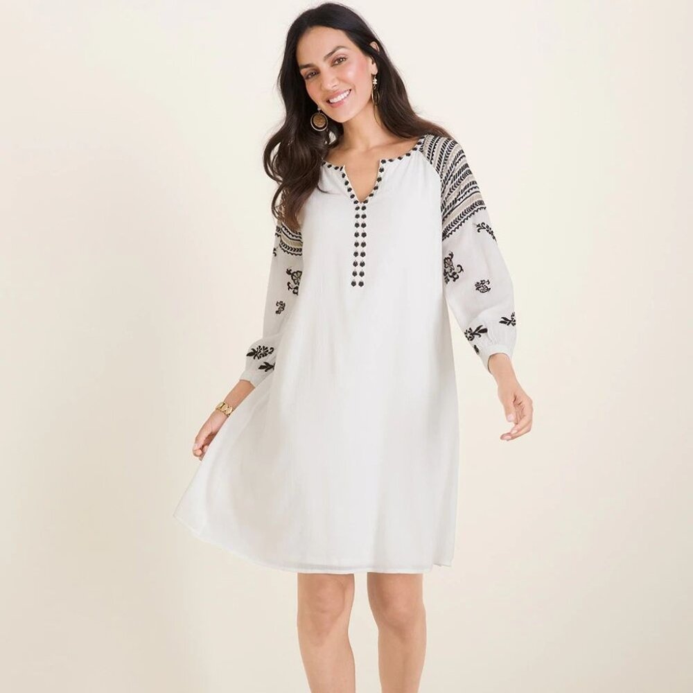 Chico's White Gauze Embroidered Dress